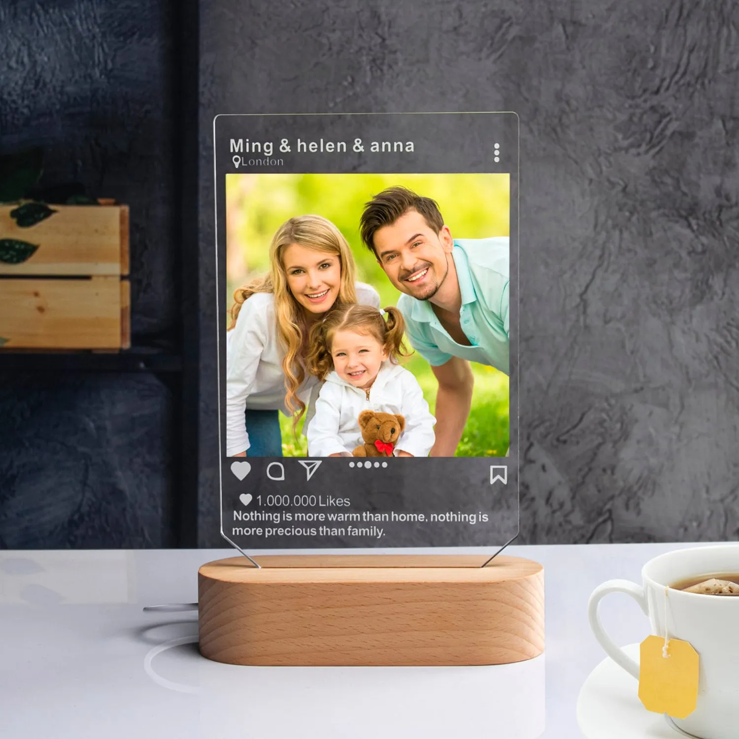 Personalizable with Names and Photo: Custom Photo Solid Wooden Based Acrylic LED Light
