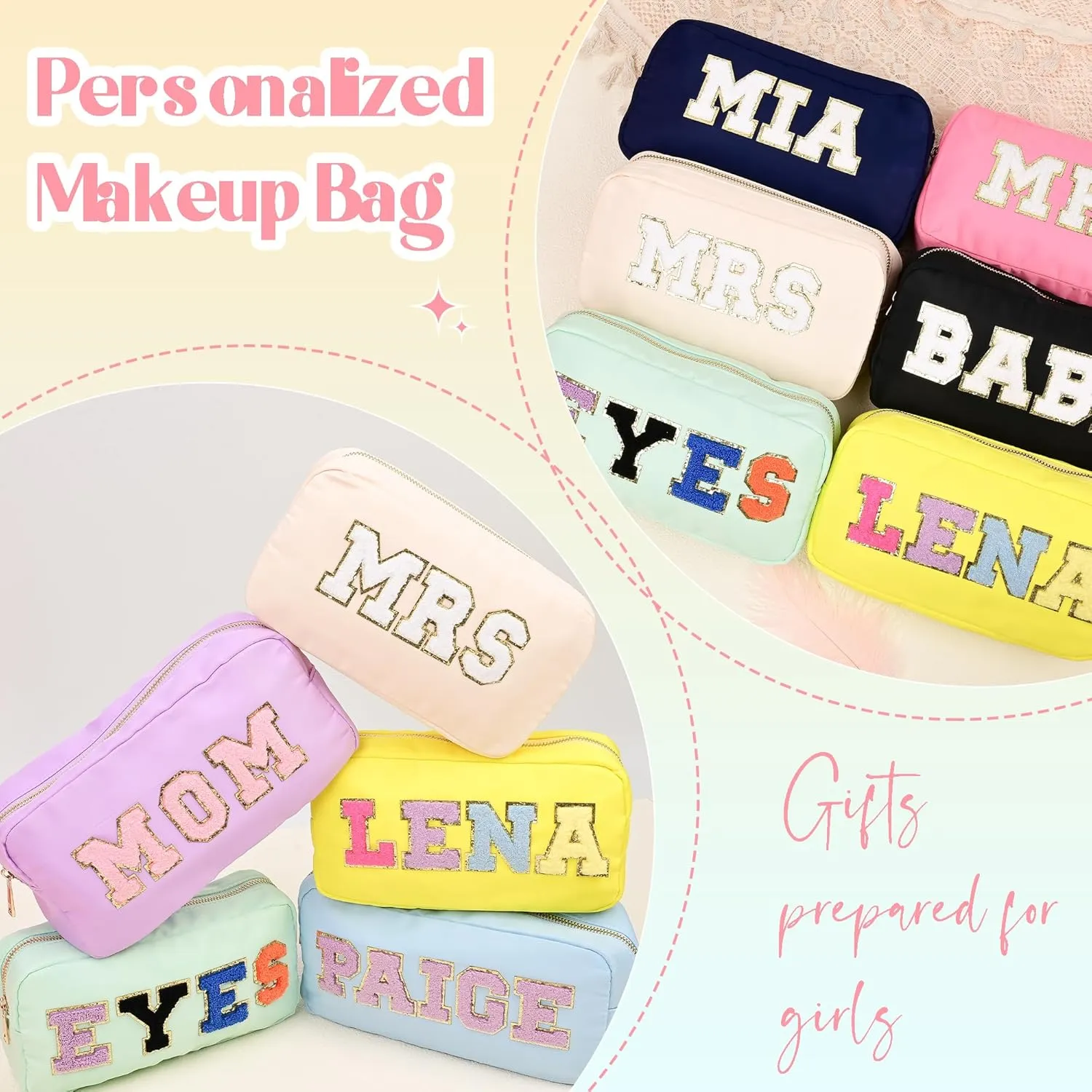 Personalized Sewing Initial Makeup Bag for Women, Customized Sewing Letter Patch Custom Makeup Bag, Toiletry Bag, Travel Bag, Custom Nylon Cosmetic Bags, Gift for Wife, Bride Bridesmaid Gift Bag