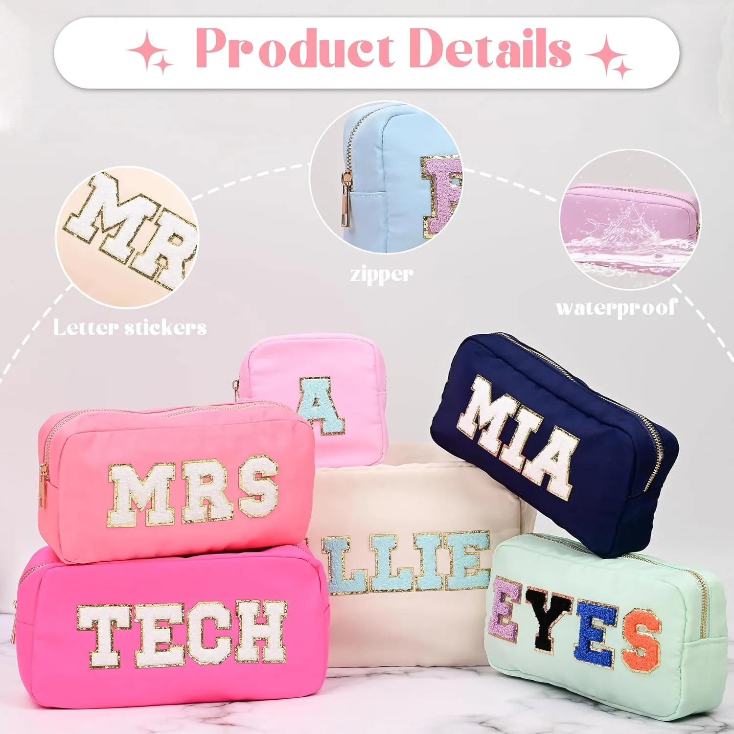 Personalized Sewing Initial Makeup Bag for Women, Customized Sewing Letter Patch Custom Makeup Bag, Toiletry Bag, Travel Bag, Custom Nylon Cosmetic Bags, Gift for Wife, Bride Bridesmaid Gift Bag