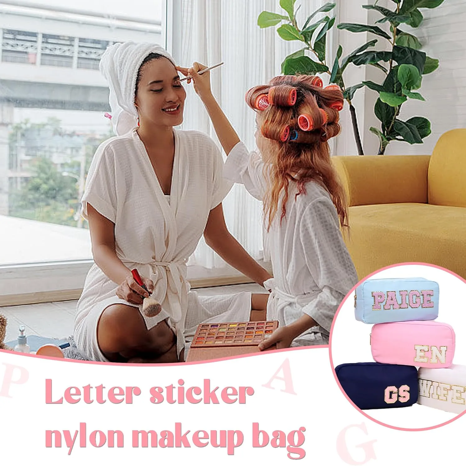 Personalized Sewing Initial Makeup Bag for Women, Customized Sewing Letter Patch Custom Makeup Bag, Toiletry Bag, Travel Bag, Custom Nylon Cosmetic Bags, Gift for Wife, Bride Bridesmaid Gift Bag