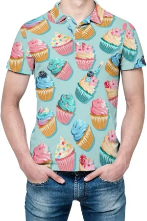 Pink and Blue Cupcake Men's Short Sleeve Polo-Shirt Quick Dry Mesh Athletic Golf Tees Tennis T-Shirt