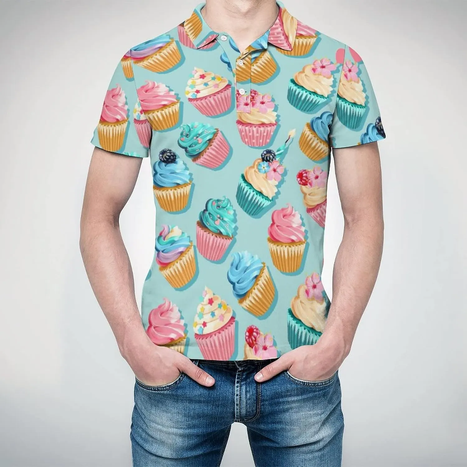 Pink and Blue Cupcake Men's Short Sleeve Polo-Shirt Quick Dry Mesh Athletic Golf Tees Tennis T-Shirt