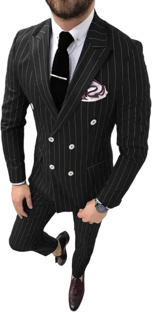 Pinstripe Double Breasted Suit for Men 2 Piece Prom Tuxedo Formal Dinner Jackets for Wedding JXZ013