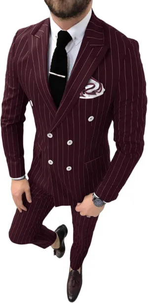 Pinstripe Double Breasted Suit for Men 2 Piece Prom Tuxedo Formal Dinner Jackets for Wedding JXZ013