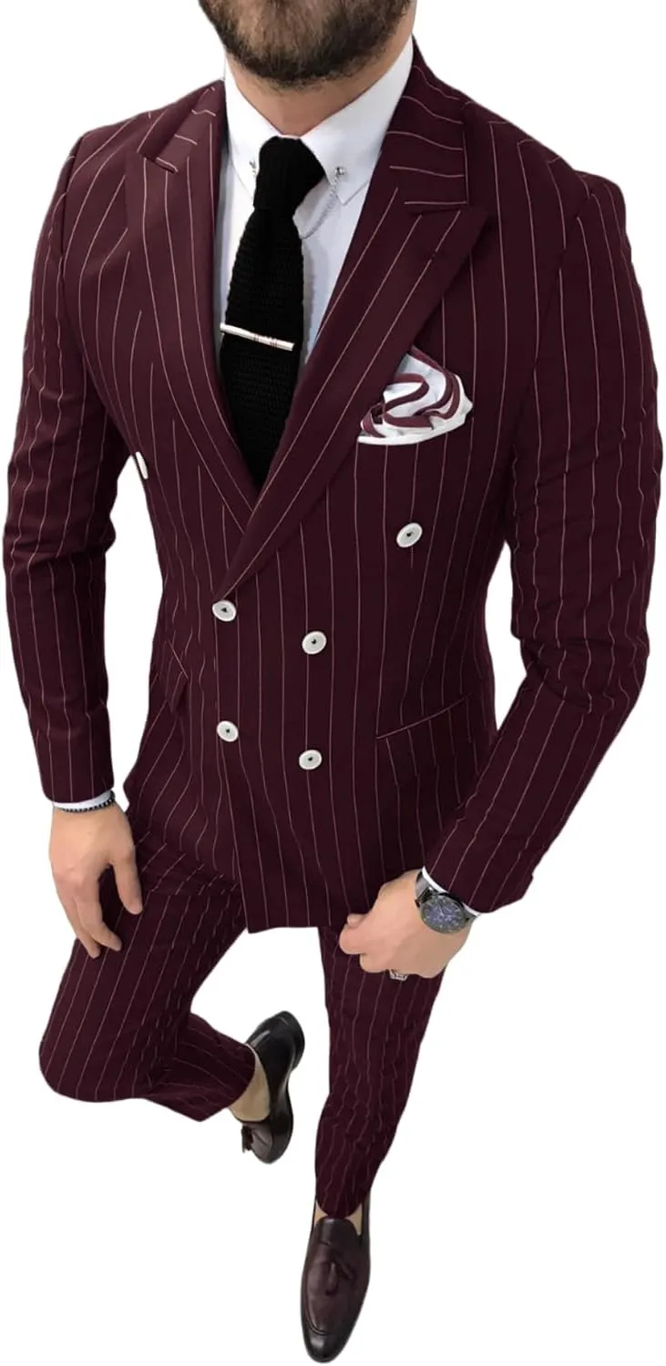 Pinstripe Double Breasted Suit for Men 2 Piece Prom Tuxedo Formal Dinner Jackets for Wedding JXZ013
