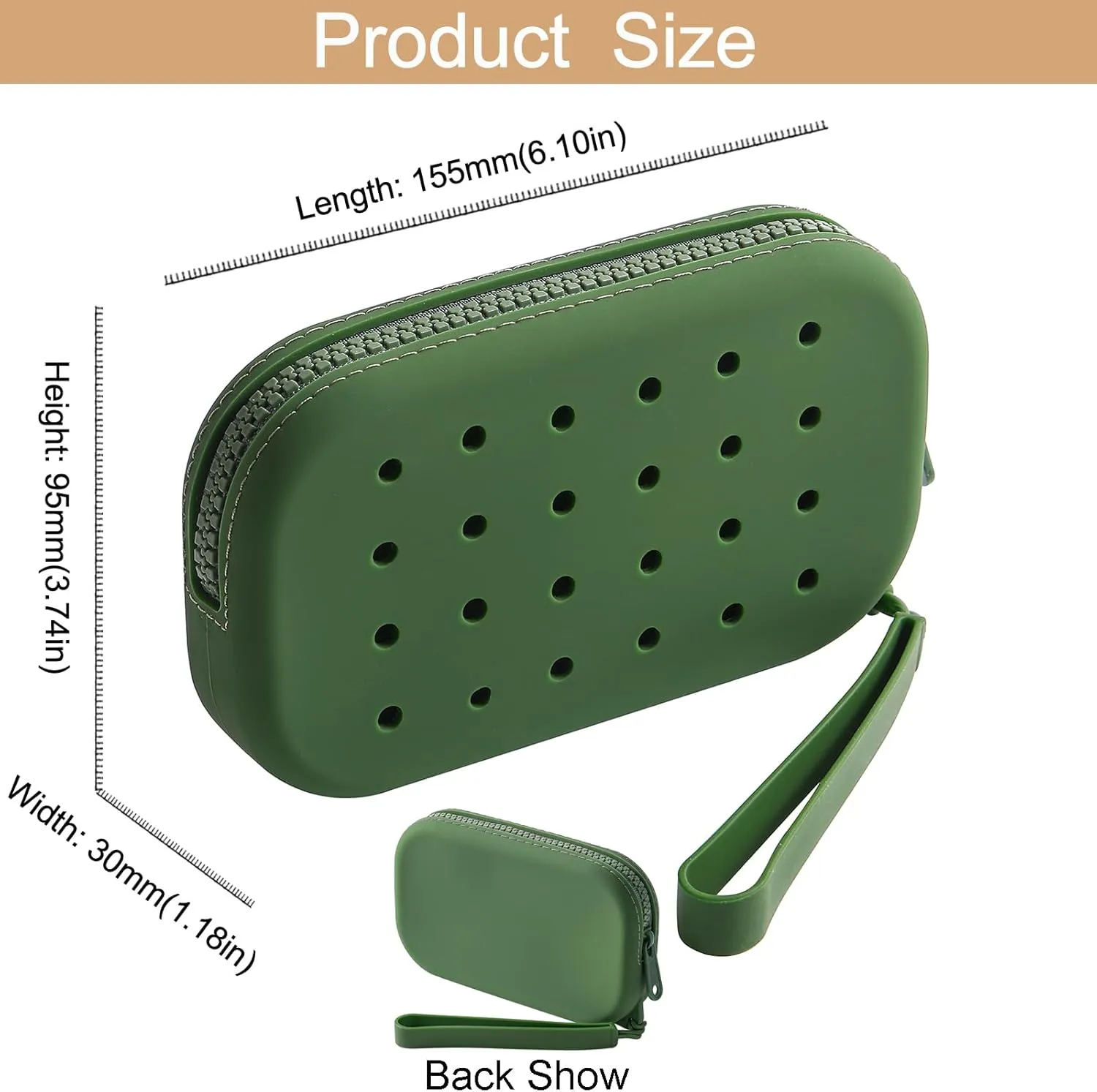 Portable Silicone Makeup Bag for Women, Small Travel Toiletry Cosmetic Bag with Decorative Holes, Zipper Closure Organizer Makeup Case with Handle (Green)