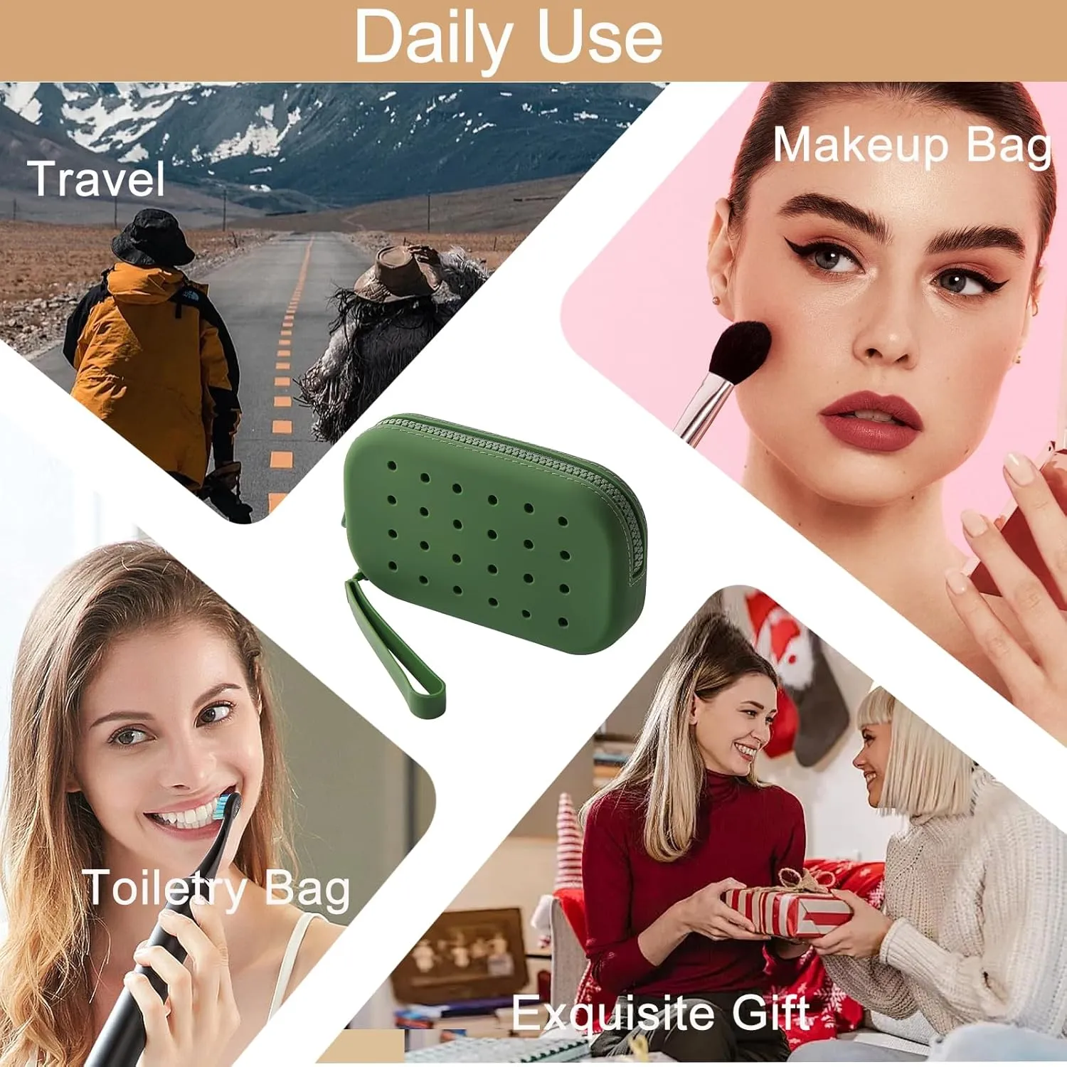 Portable Silicone Makeup Bag for Women, Small Travel Toiletry Cosmetic Bag with Decorative Holes, Zipper Closure Organizer Makeup Case with Handle (Green)