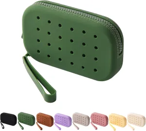 Portable Silicone Makeup Bag for Women, Small Travel Toiletry Cosmetic Bag with Decorative Holes, Zipper Closure Organizer Makeup Case with Handle (Green)