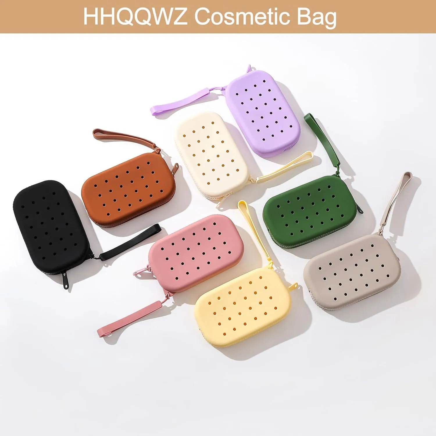 Portable Silicone Makeup Bag for Women, Small Travel Toiletry Cosmetic Bag with Decorative Holes, Zipper Closure Organizer Makeup Case with Handle (Green)