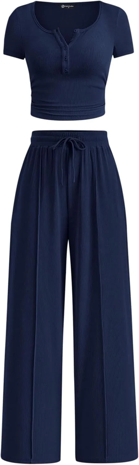 PRETTYGARDEN Womens 2 Piece Outfits 2025 Summer Ribbed Knit Button Short Sleeve Tops Casual Wide Leg Pants Lounge Sets