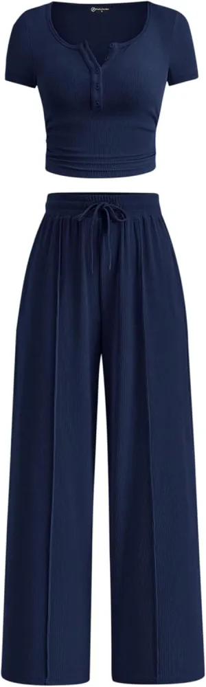 PRETTYGARDEN Womens 2 Piece Outfits 2025 Summer Ribbed Knit Button Short Sleeve Tops Casual Wide Leg Pants Lounge Sets