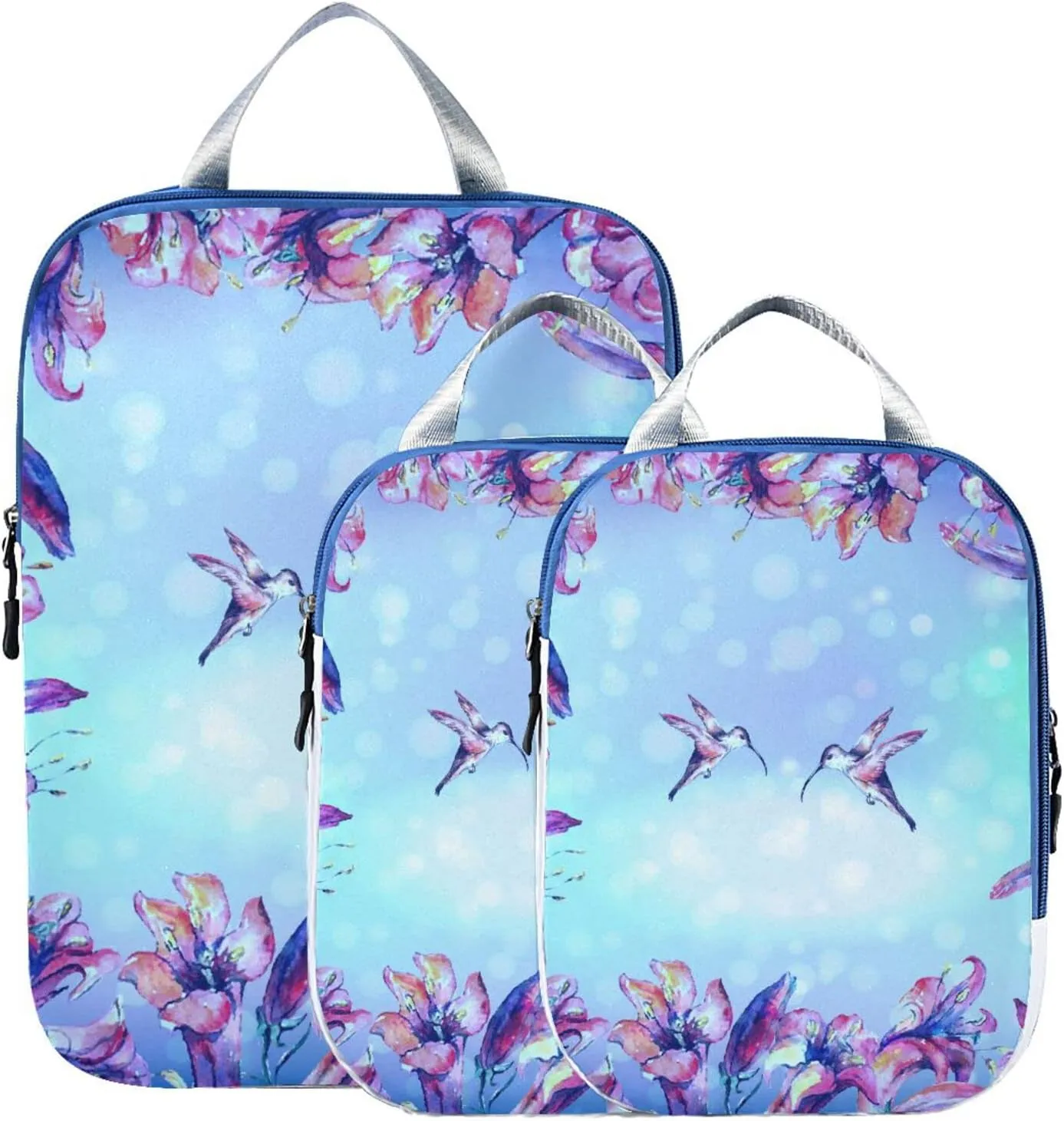 Purple Flower Hummingbird Compression Packing Cubes for Travel Packing Organizers Backpack 3 Pack Luggage Travel Essentials Carry Must Haves Waterproof Suitcase Storage Bags