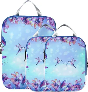 Purple Flower Hummingbird Compression Packing Cubes for Travel Packing Organizers Backpack 3 Pack Luggage Travel Essentials Carry Must Haves Waterproof Suitcase Storage Bags