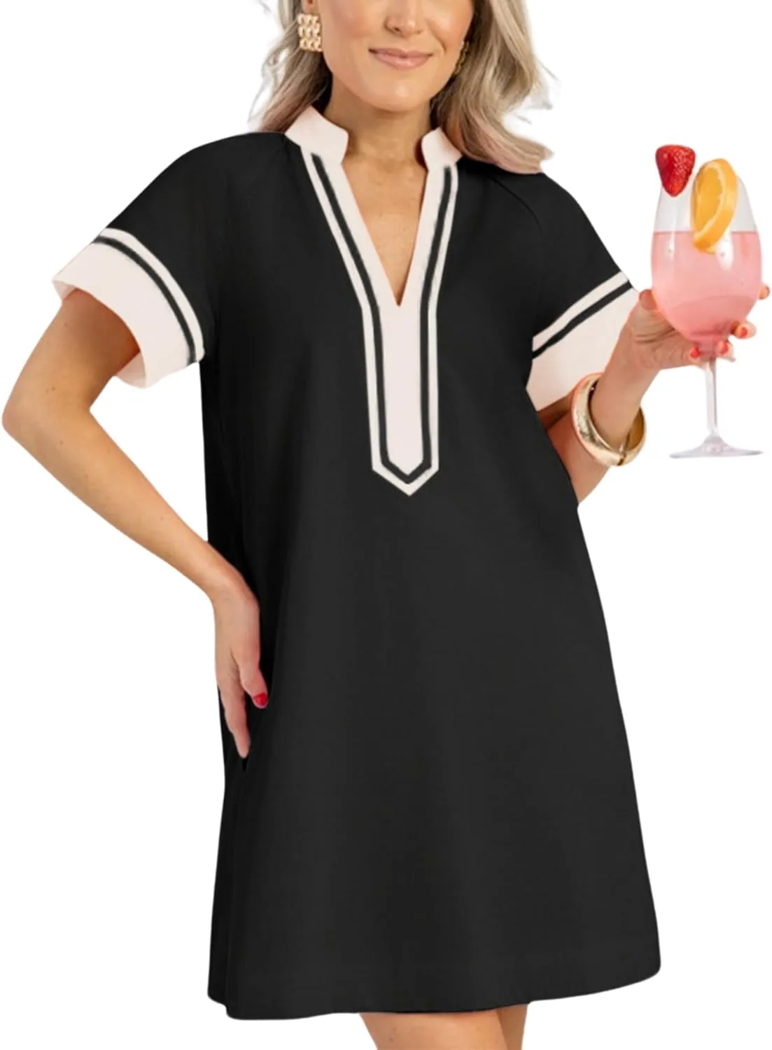 QIBABU Linen Dress for Women V Neck Color Block Beach Coverups Summer Shirt Dress with Pockets