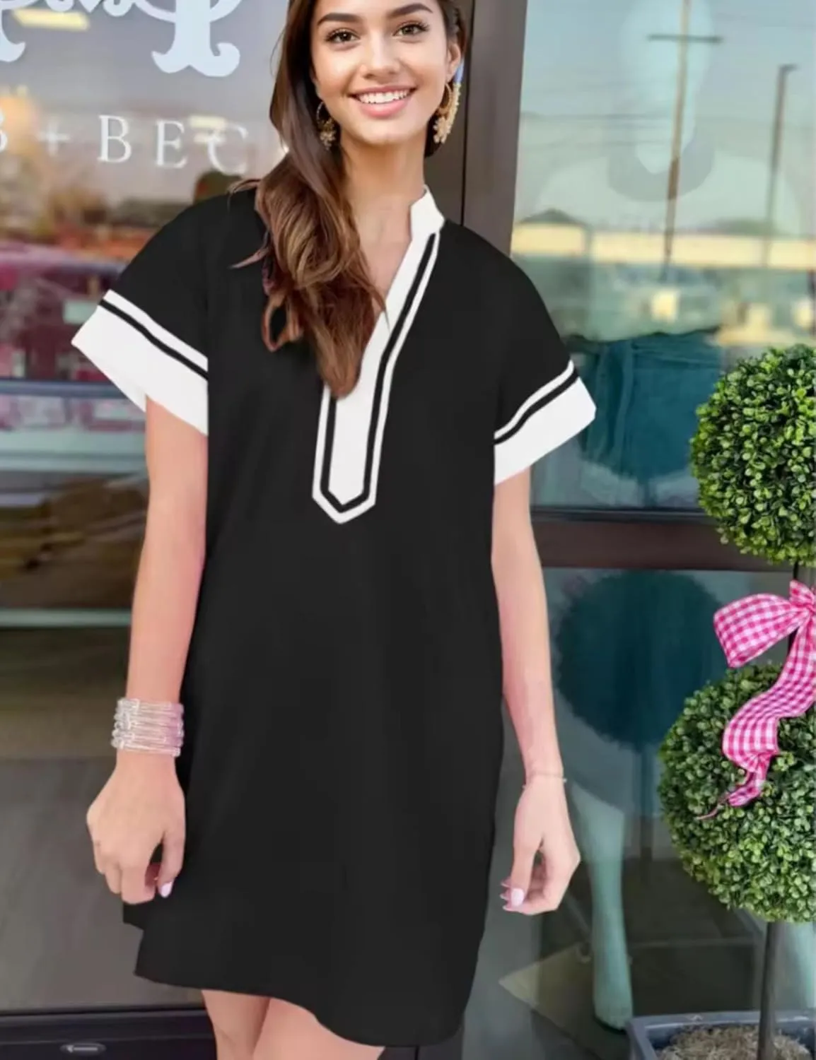 QIBABU Linen Dress for Women V Neck Color Block Beach Coverups Summer Shirt Dress with Pockets