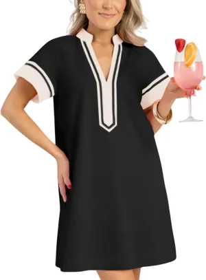 QIBABU Linen Dress for Women V Neck Color Block Beach Coverups Summer Shirt Dress with Pockets