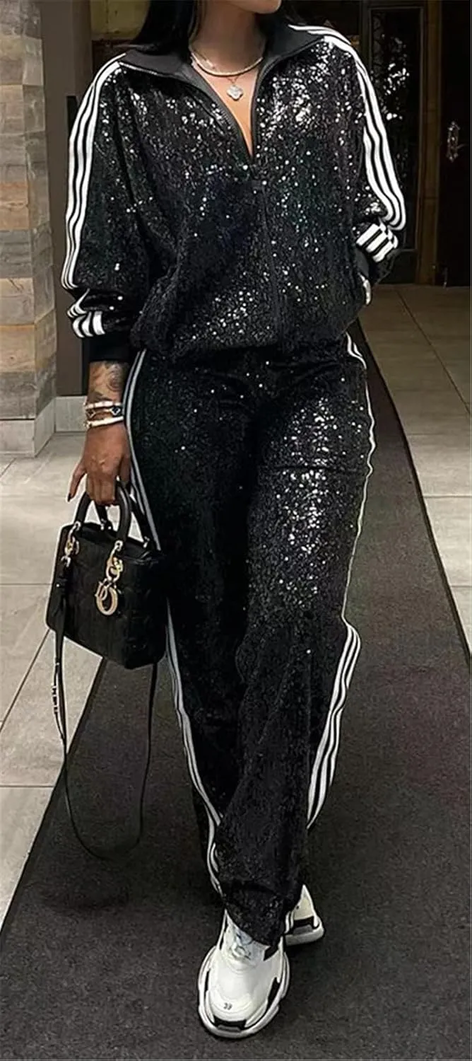 Qikaka Womens 2 PCS Sequins Zipper Jackets Bodycon Pants Sexy Nightclub Party Tracksuit Outfits Sweatsuit Set