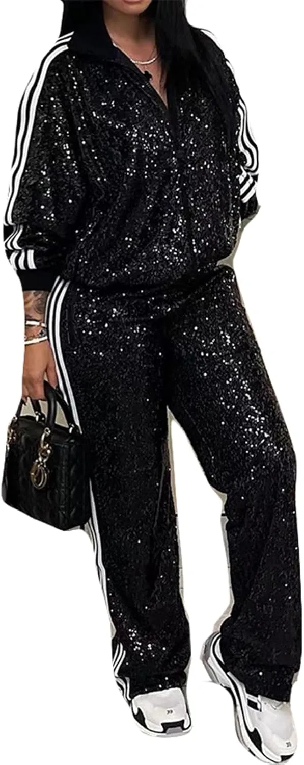 Qikaka Womens 2 PCS Sequins Zipper Jackets Bodycon Pants Sexy Nightclub Party Tracksuit Outfits Sweatsuit Set