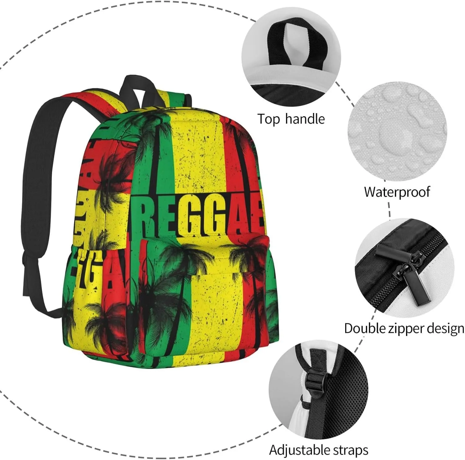Rasta Reggae Flag Jamaican Palm Tree Vacation Laptop Backpack Shoulder Bag Laptop Pack Travel Backpacks Commuter Back Pack Casual Daypack Bags With Side Pockets