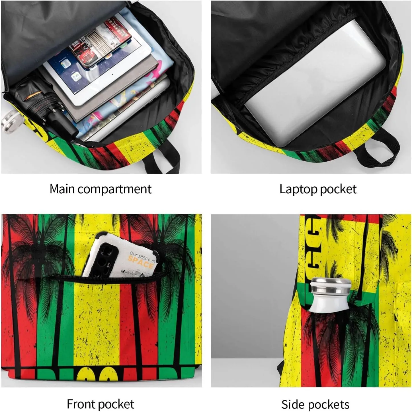 Rasta Reggae Flag Jamaican Palm Tree Vacation Laptop Backpack Shoulder Bag Laptop Pack Travel Backpacks Commuter Back Pack Casual Daypack Bags With Side Pockets