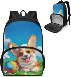 Rnyleeg Corgi Printing School Backpack for Girls Portable Lunch Backpack Insulated Cooler Lunch Box Bag Rucksack School Book Bags for Picnic Camping