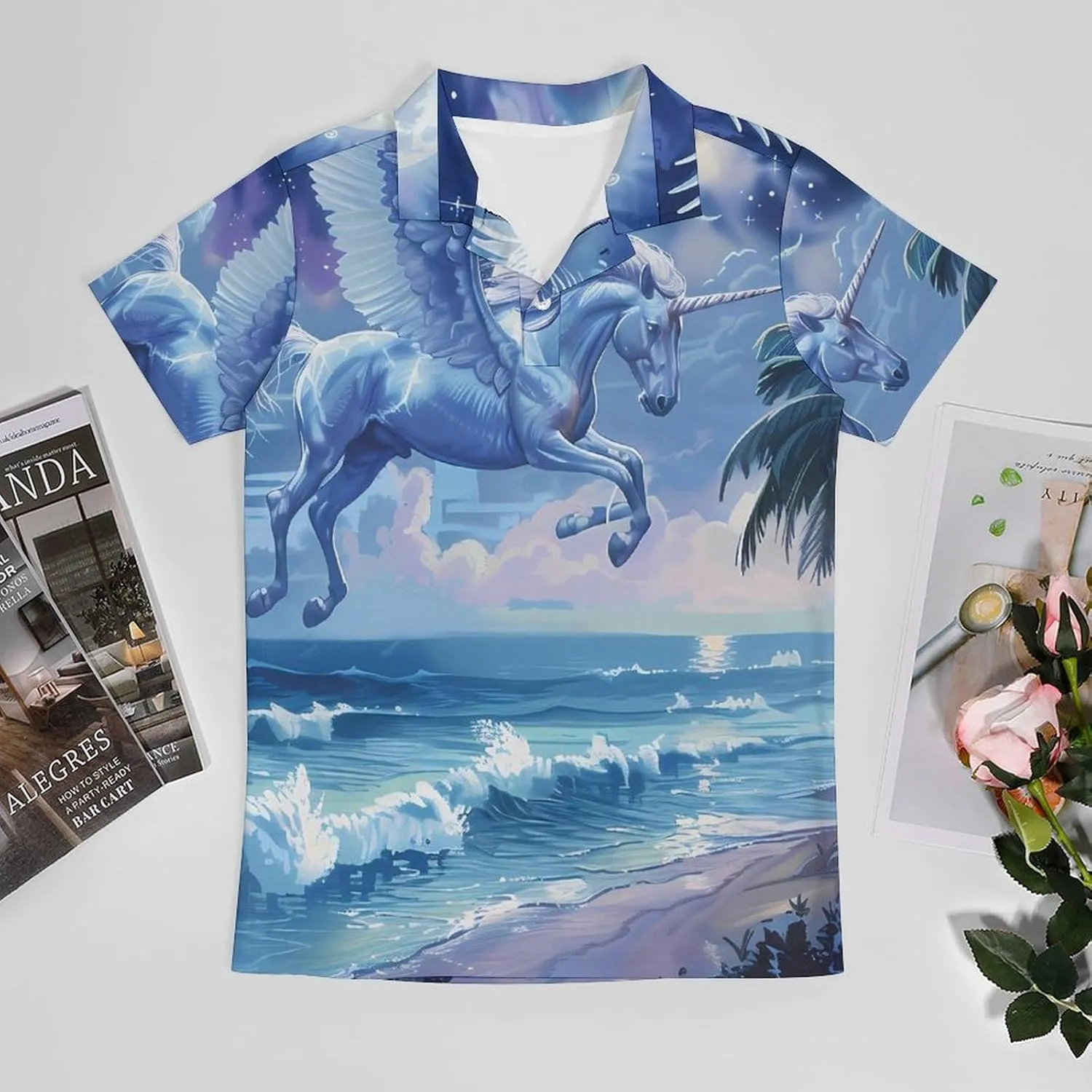 Romantic Pegasus Beach Night Classic Polo Shirts for Men Quick Dry Short Sleeve Fit Golf Tees Casual Tops