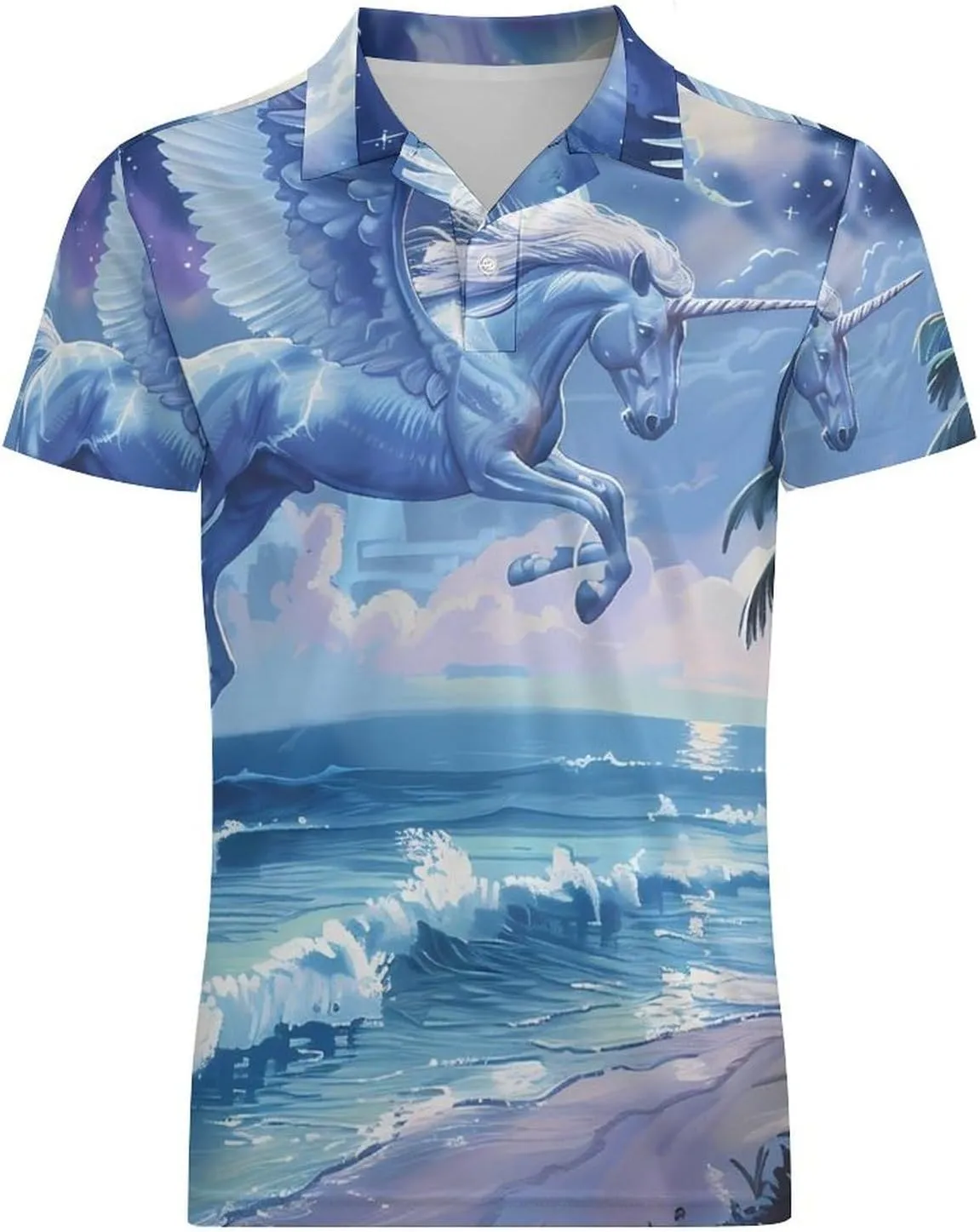 Romantic Pegasus Beach Night Classic Polo Shirts for Men Quick Dry Short Sleeve Fit Golf Tees Casual Tops