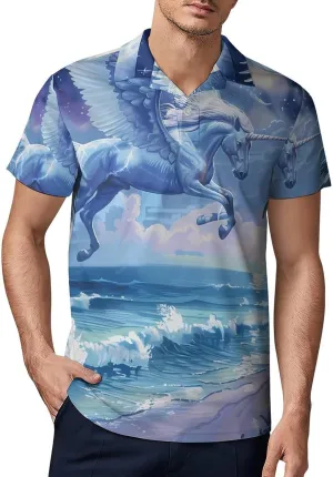 Romantic Pegasus Beach Night Classic Polo Shirts for Men Quick Dry Short Sleeve Fit Golf Tees Casual Tops