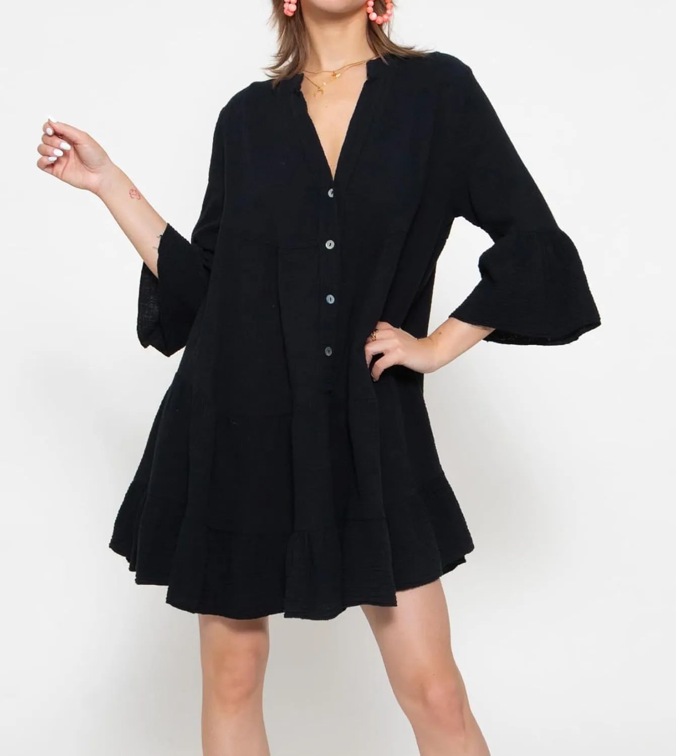 R.Vivimos Cotton Dresses for Women Summer V Neck 3/4 Flare Sleeve Button Front Casual Loose Tiered Mini Dress