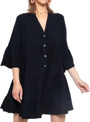 R.Vivimos Cotton Dresses for Women Summer V Neck 3/4 Flare Sleeve Button Front Casual Loose Tiered Mini Dress