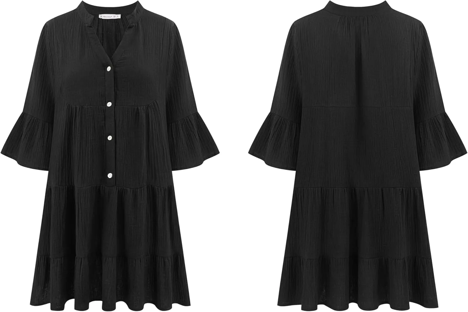 R.Vivimos Cotton Dresses for Women Summer V Neck 3/4 Flare Sleeve Button Front Casual Loose Tiered Mini Dress
