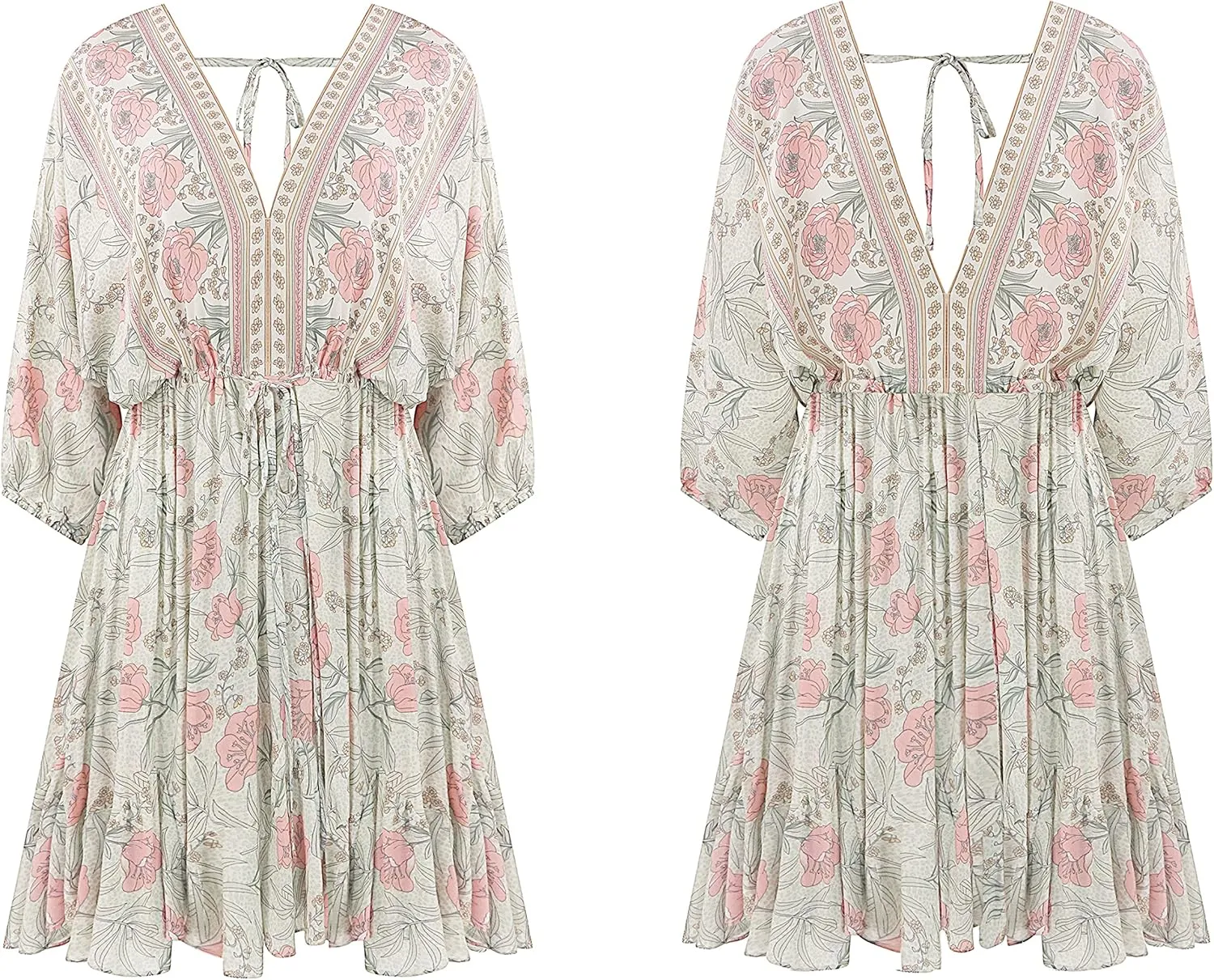 R.Vivimos Womens Summer Floral Dress 3/4 Sleeve Deep V Neck Boho Drawstring Backless Swing Mini Dress