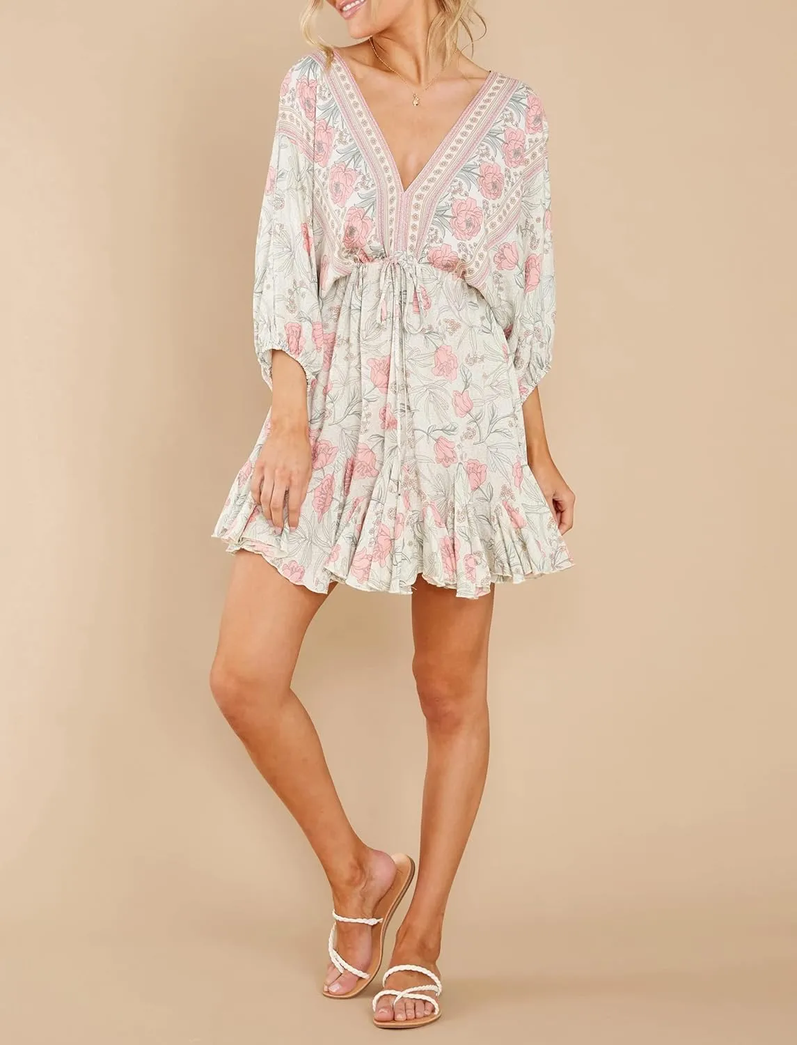R.Vivimos Womens Summer Floral Dress 3/4 Sleeve Deep V Neck Boho Drawstring Backless Swing Mini Dress