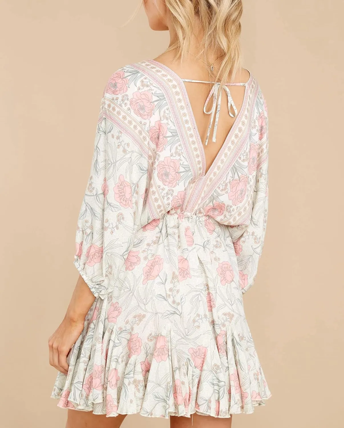R.Vivimos Womens Summer Floral Dress 3/4 Sleeve Deep V Neck Boho Drawstring Backless Swing Mini Dress