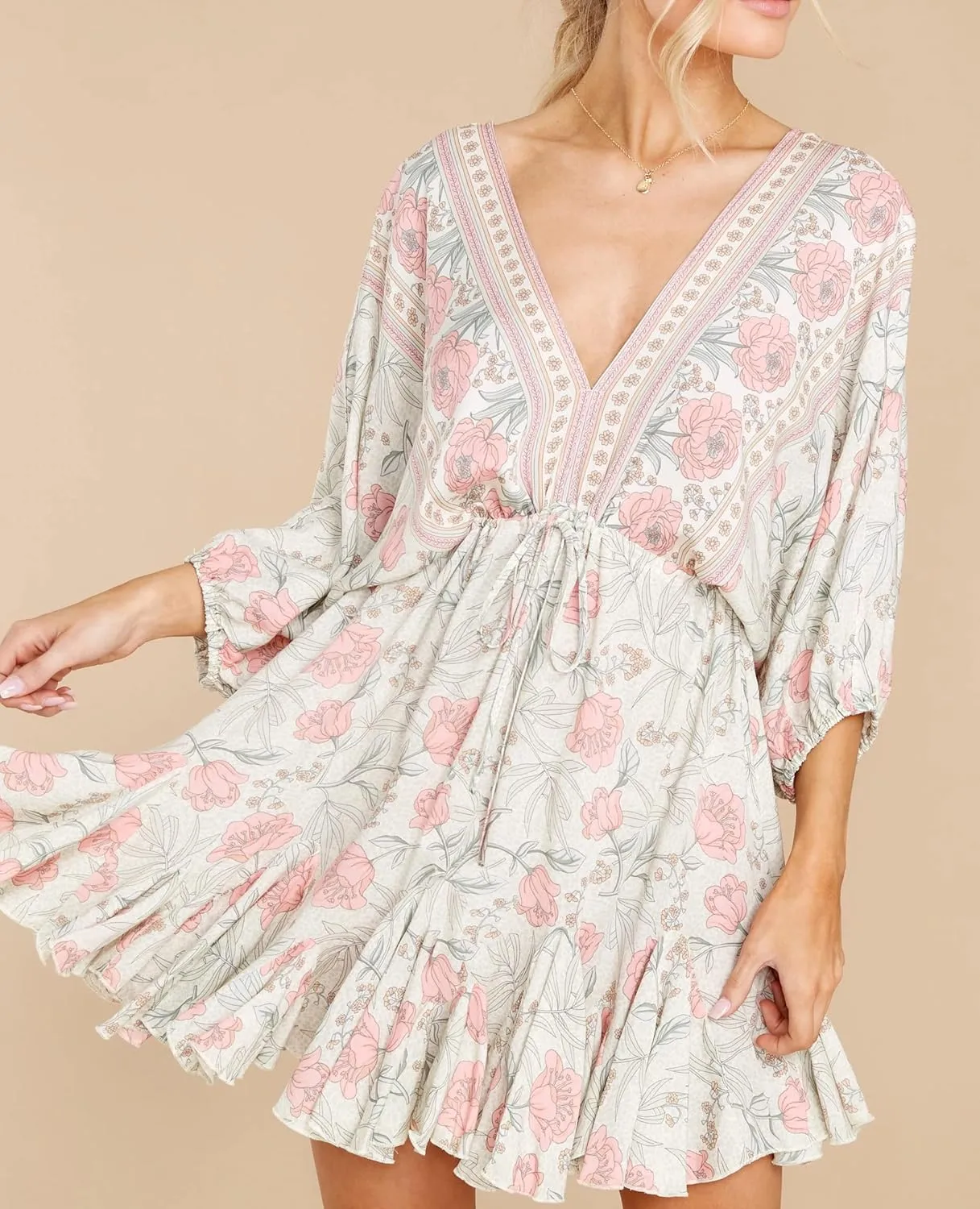 R.Vivimos Womens Summer Floral Dress 3/4 Sleeve Deep V Neck Boho Drawstring Backless Swing Mini Dress