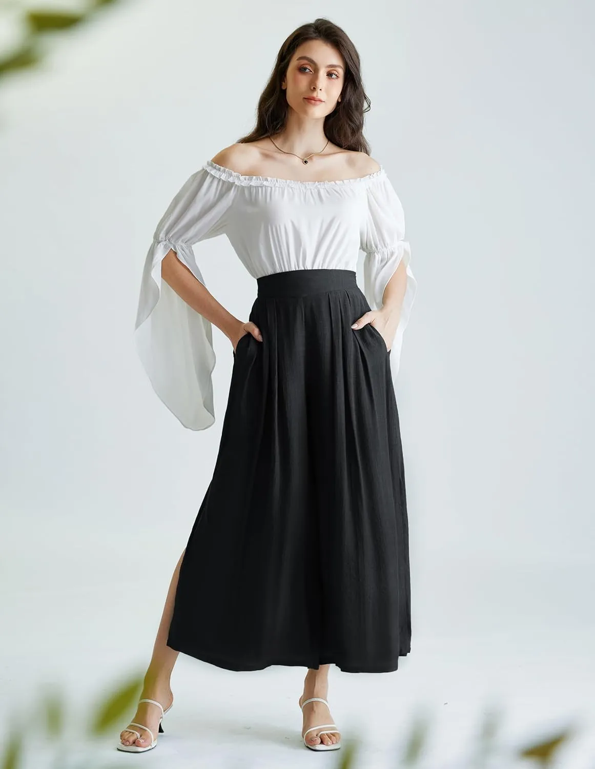 Scarlet Darkness Linen Palazzo Pants for Women High Waist Wide Leg Pants Boho Style with Pockets Casual Pants