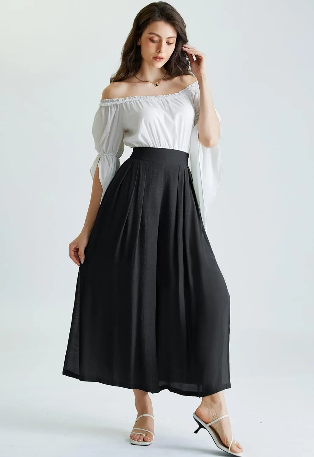 Scarlet Darkness Linen Palazzo Pants for Women High Waist Wide Leg Pants Boho Style with Pockets Casual Pants