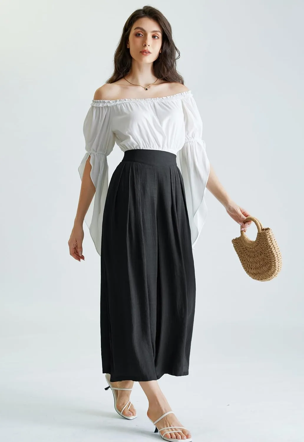 Scarlet Darkness Linen Palazzo Pants for Women High Waist Wide Leg Pants Boho Style with Pockets Casual Pants