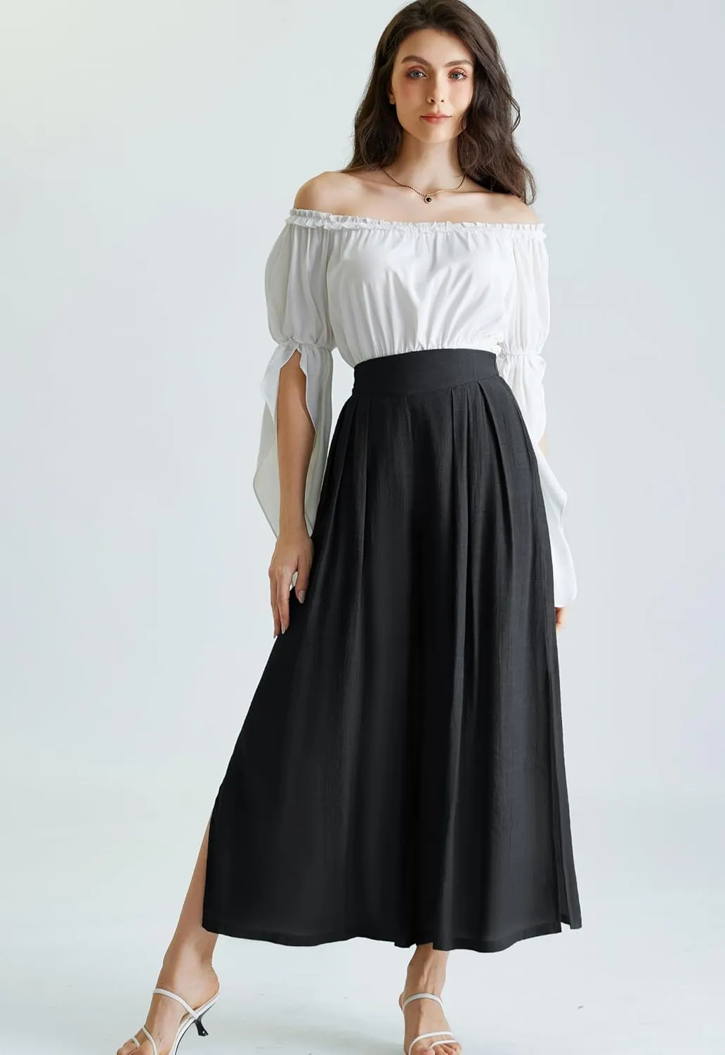 Scarlet Darkness Linen Palazzo Pants for Women High Waist Wide Leg Pants Boho Style with Pockets Casual Pants