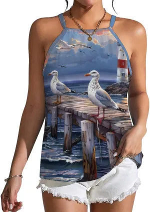 Seagulls-Birds Lighthouse Women's Tank Top Sleeveless Spaghetti Straps Tie Back Print T-shirt Tops