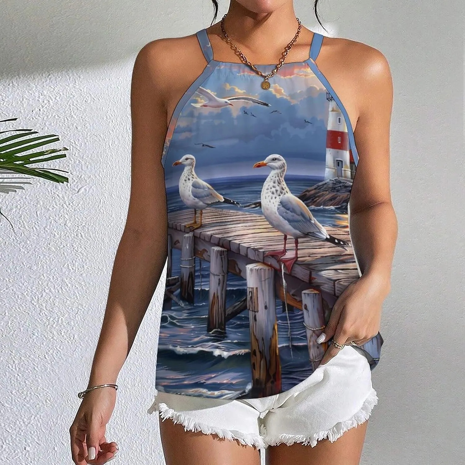 Seagulls-Birds Lighthouse Women's Tank Top Sleeveless Spaghetti Straps Tie Back Print T-shirt Tops