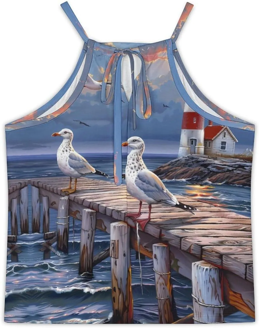 Seagulls-Birds Lighthouse Women's Tank Top Sleeveless Spaghetti Straps Tie Back Print T-shirt Tops