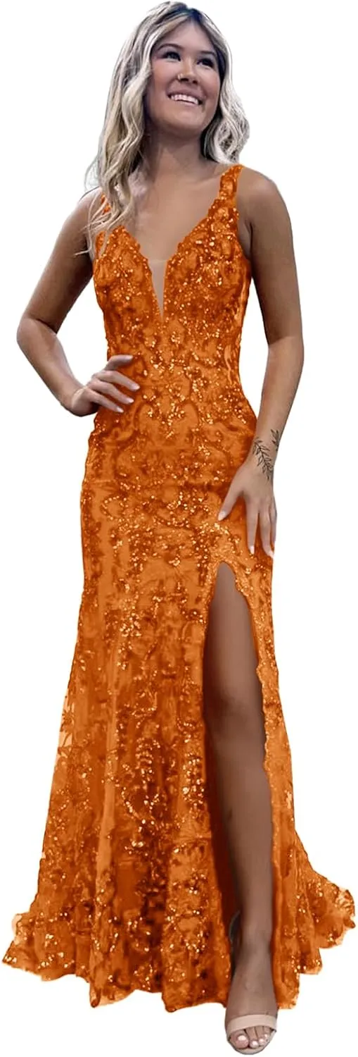 Sequin Prom Dresses 2025 for Women Long Mermaid V Neck Evening Dress Straps Side Slit Party Gown