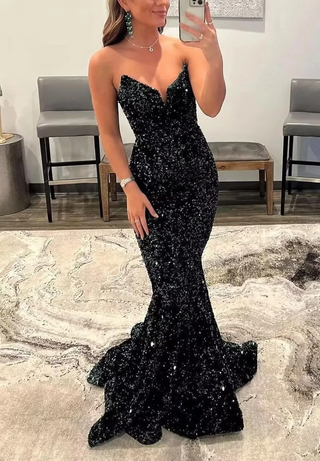 Sequin Prom Dresses for Women Mermaid Long Evening Gowns Sparkly V-Neck Formal Dress