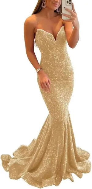 Sequin Prom Dresses for Women Mermaid Long Evening Gowns Sparkly V-Neck Formal Dress