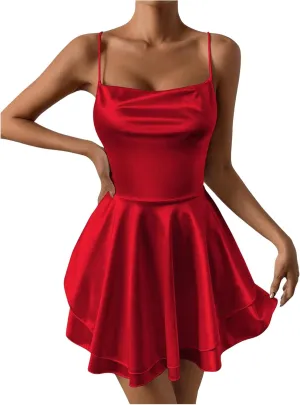 SHENHE Women's Open Back Layered Flowy Criss Cross Strappy Backless Sexy Party Mini Dress