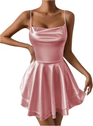 SHENHE Women's Open Back Layered Flowy Criss Cross Strappy Backless Sexy Party Mini Dress