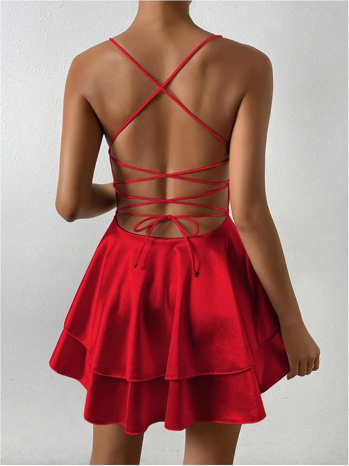 SHENHE Women's Open Back Layered Flowy Criss Cross Strappy Backless Sexy Party Mini Dress