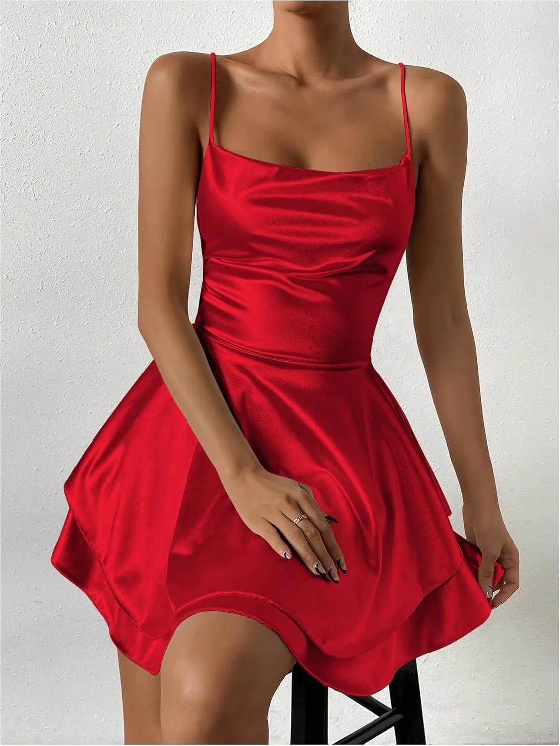 SHENHE Women's Open Back Layered Flowy Criss Cross Strappy Backless Sexy Party Mini Dress