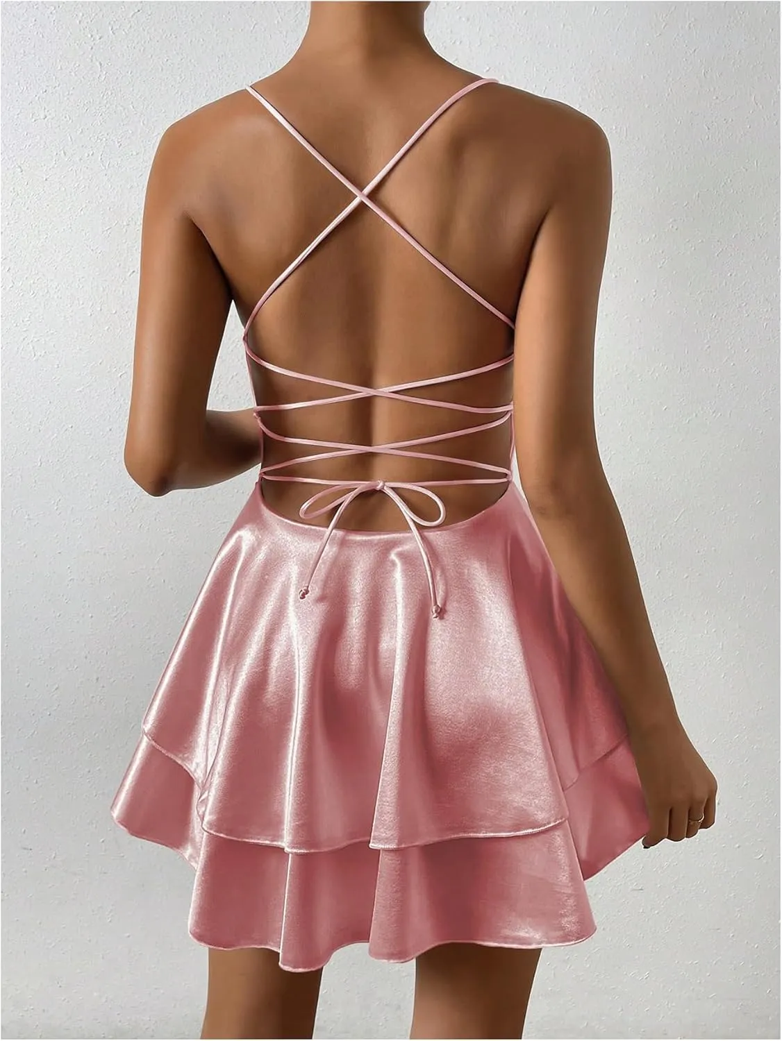 SHENHE Women's Open Back Layered Flowy Criss Cross Strappy Backless Sexy Party Mini Dress